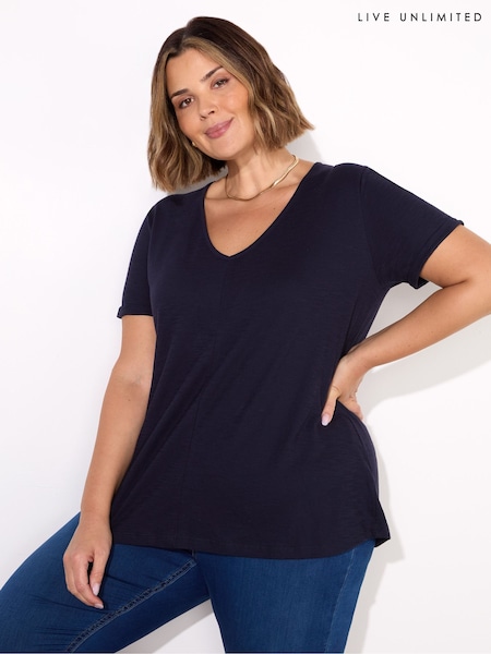 Live Unlimited Blue 100% Cotton Slub V-Neck T-Shirt (F32138) | £35