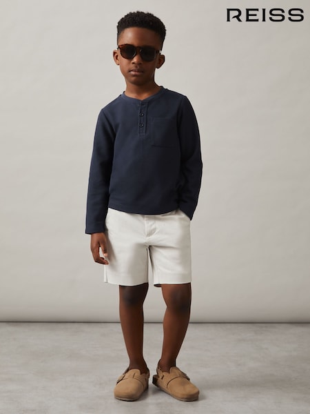 Reiss Navy David Cotton-Blend Waffle Henley T-Shirt (F32189) | £22