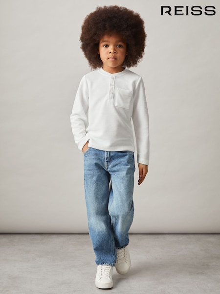 Reiss White David Cotton-Blend Waffle Henley T-Shirt (F32192) | £24
