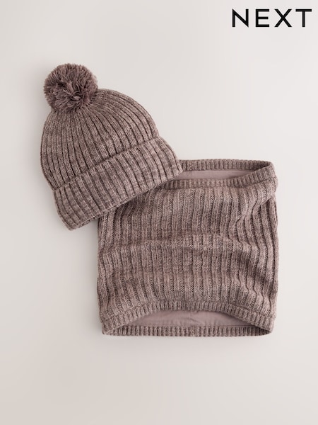 Mocha Brown Pom Beanie Hat & Snood 2 Piece Set (1-16yrs) (F32300) | £13 - £15