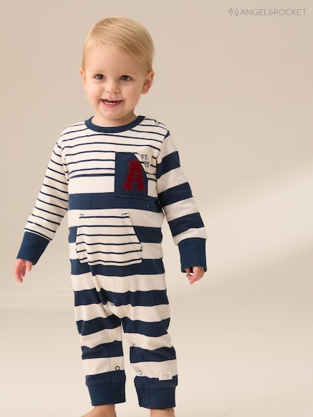 Angel & Rocket Blue Lewis Textured Stripe Block 100% Cotton Babygrow (F32399) | £22