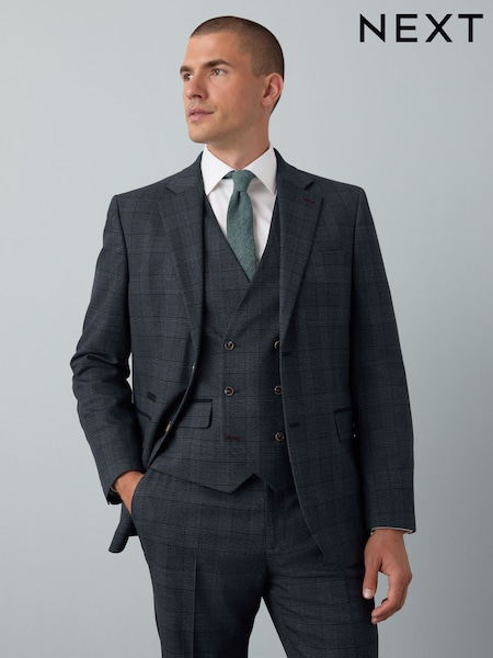 Blue Tailored Fit Trimmed Check Suit Jacket (F32465) | £104