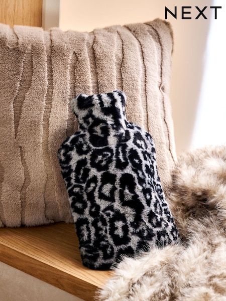 Grey/Black Leopard Faux Fur Hot Water Bottle (F32629) | £18