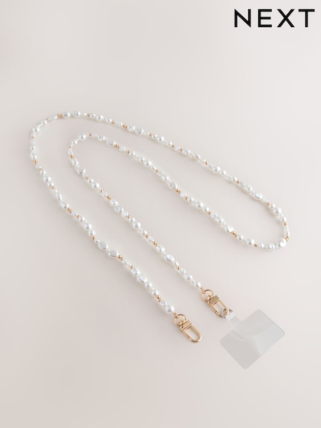 White/Gold Tone Faux Pearl Across Body Phone Strap (F32660) | £14