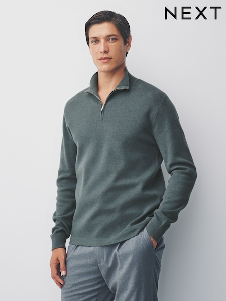 Sage Green Regular Fit Premium Zip Neck Jumper (F32662) | £39