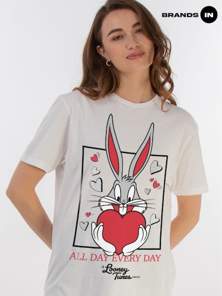Brands In White Women Boyfriend Fit 100% Cotton Looney Tunes Bugs Bunny Heart T-Shirt (F32691) | £25