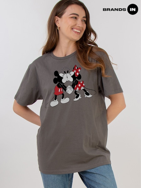 Brands In Grey Women Boyfriend Fit 100% Cotton Disney Minnie And Mickey Kiss T-Shirt (F32700) | £25