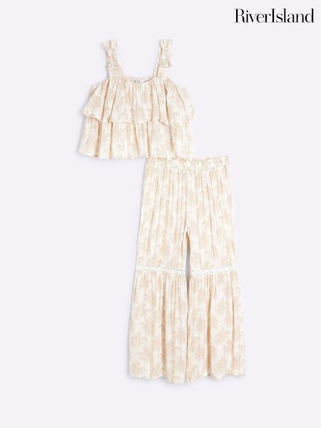 River Island Cream Girls Palm Metallic Trousers Set (F32798) | £26