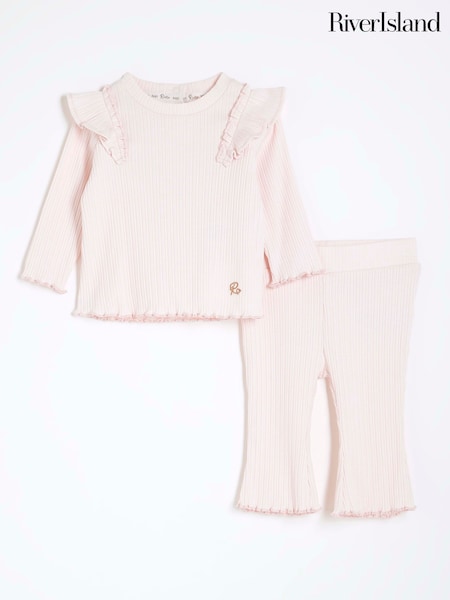 River Island Pink Baby Girls Frill Rib Top Set (F32799) | £14
