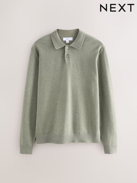 Sage Green Texture Regular Fit Essential Long Sleeve Knitted Polo Shirt (F32803) | £22