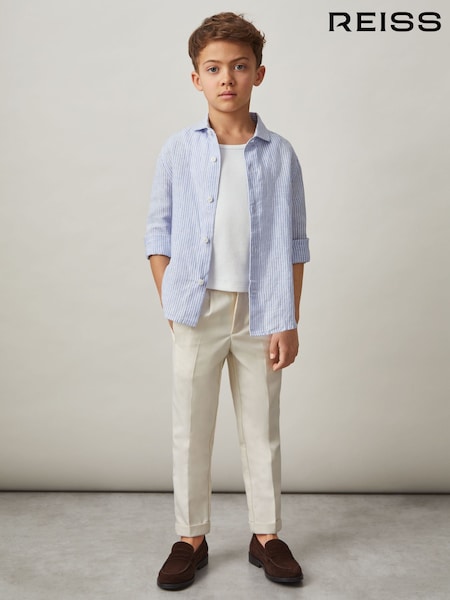 Reiss Blue/White Stripe Ruban 100% Linen Long Sleeve Shirt (F32812) | £42