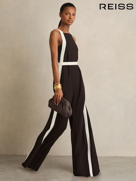 Reiss Chocolate/Cream Salma Colour-Block Wide-Leg Jumpsuit (F32814) | £268