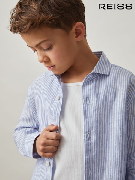 Reiss Blue/White Stripe Ruban 100% Linen Long Sleeve Shirt (F32815) | £38