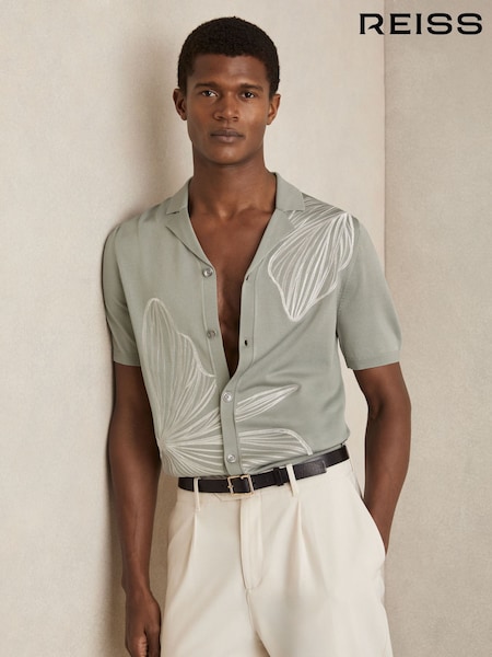 Reiss Soft Sage Laurent Flower Embroidered Knit Shirt (F32816) | £140