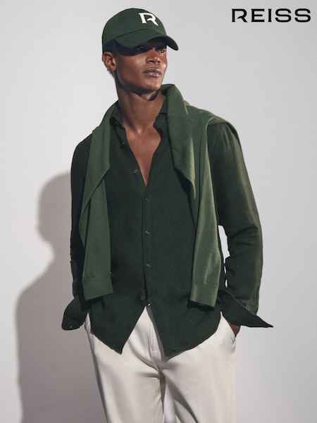 Reiss Dark Hunting Green Ruban Linen Striped Cutaway-Collar Shirt (F32823) | £98