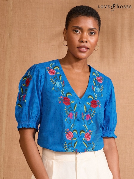 Love & Roses Coblt Blue Cotton Dobby Puff Sleeve Embroidered Blouse (F32866) | £0