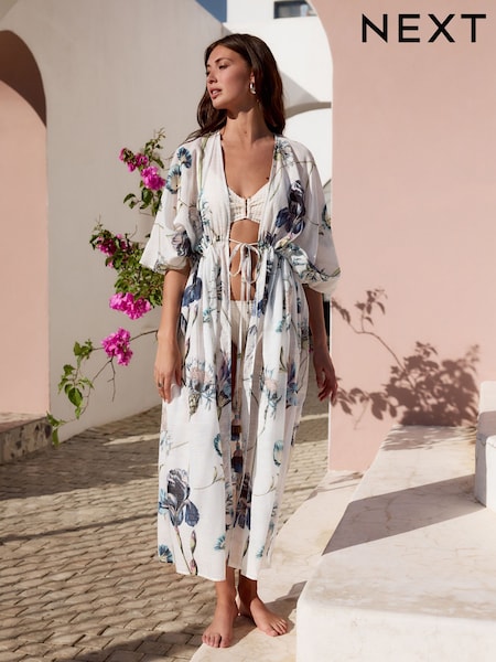 Blue Floral Kew Collection 100% Cotton Tie Waist Maxi Kimono (F32912) | £46