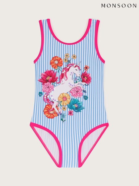 Monsoon Blue Unicorn Stripe Print Swimsuit (F32916) | £18 - £22