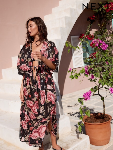 Black/Pink Vintage Floral Kew Collection 100% Cotton Tie Waist Maxi Kimono (F32918) | £42