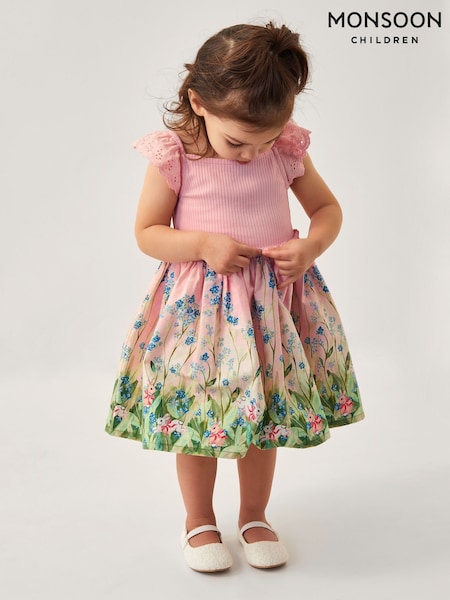 Monsoon Pink Baby Bunny Scene 100% Cotton Dress (F32929) | £32 - £34