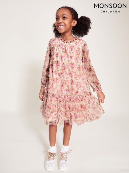 Monsoon Natural Long Sleeve Floral Frill Dress (F32932) | £36 - £41