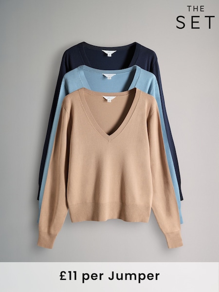 The Set Navy/Blue/Brown 3 Pack V-Neck Fine Knit Jumpers (F33130) | £33