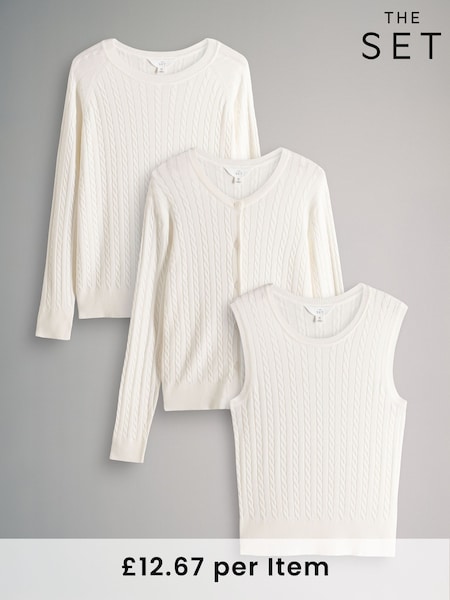 The Set Cream 3 Pack Cable Knit Jumper Essentials Cardigan T-Shirts (F33139) | £38