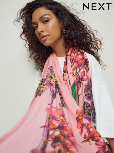 Pink Placement Floral Print Kew Collection Lightweight Scarf (F33276) | £24
