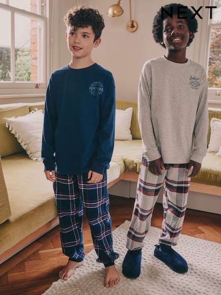 Grey/Blue Long Sleeve Woven Check Pyjamas 2 Pack (3-16yrs) (F33341) | £26 - £33