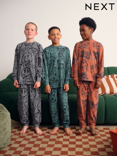 Green/Orange Graffiti Skull Long Sleeve Pyjamas 3 Pack (3-16yrs) (F33343) | £27 - £34