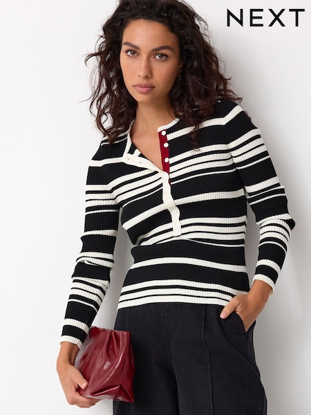 Monochrome Stripe Ribbed Crew Neck Long Sleeve Henley Jumper (F33418) | £28