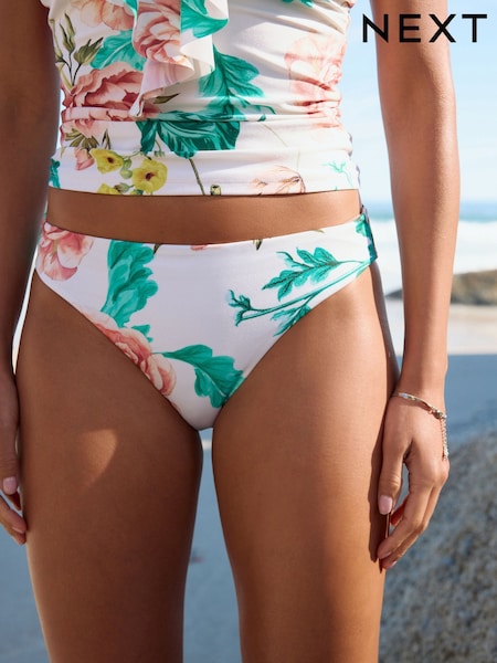 White Floral Print High Shine High Leg Bikini Bottoms (F33450) | £16