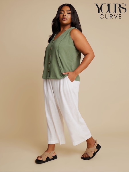 Yours Curve White Linen Cropped Pull On Wide Leg Trousers (F33467) | £29