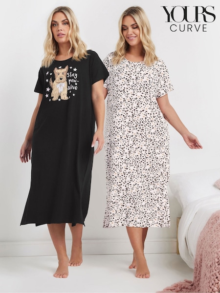 Yours Curve Black Stay Pawsitive Midaxi Nightie 2 Pack (F33473) | £39