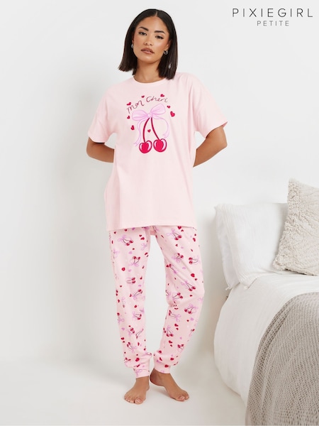 PixieGirl Petite Pink Mon Cheri Cuffed 100% Cotton Pyjama Set (F33482) | £26
