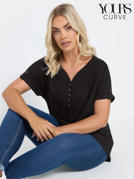 Yours Curve Black Pintuck Short Sleeve T-Shirt (F33489) | £20