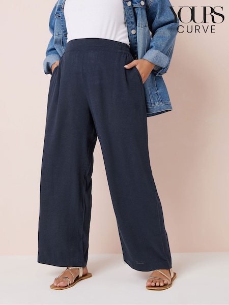 Yours Curve Blue Linen Pull On Wide Leg Trousers (F33493) | £31