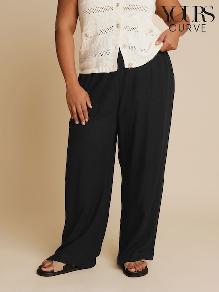 Yours Curve Black Linen Pull On Wide Leg Trousers (F33499) | £31