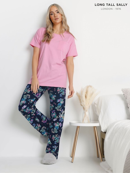 Long Tall Sally Pink Butterfly Wide Leg 100% Cotton Pyjamas Set (F33513) | £29