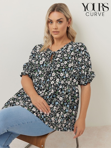 Yours Curve Black Bow Front Smock Ditsy Top (F33515) | £27