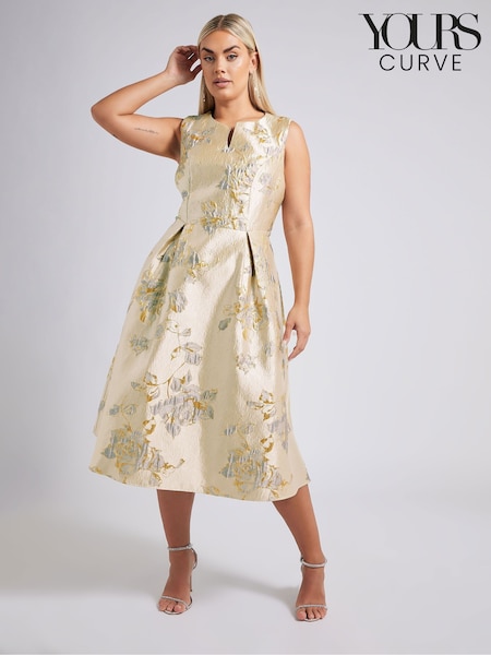 Yours Curve Gold London Jacquard Floral Notch Neck Dress (F33523) | £100