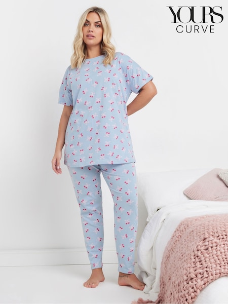 Yours Curve Blue Cherry Bows Tapered 100% Cotton Pyjama Set (F33526) | £30