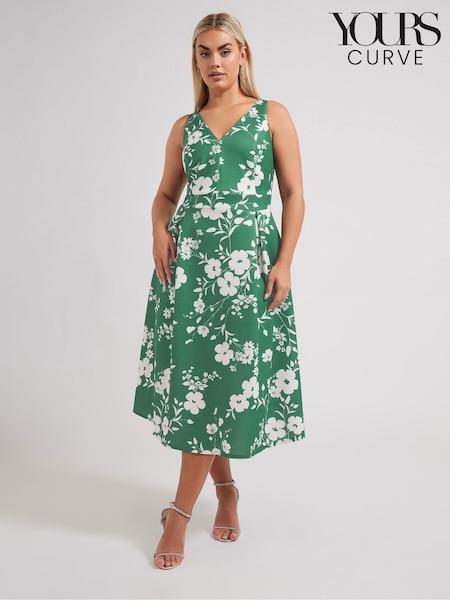 Yours Curve Green London V-Neck Pleated Dress (F33529) | £60