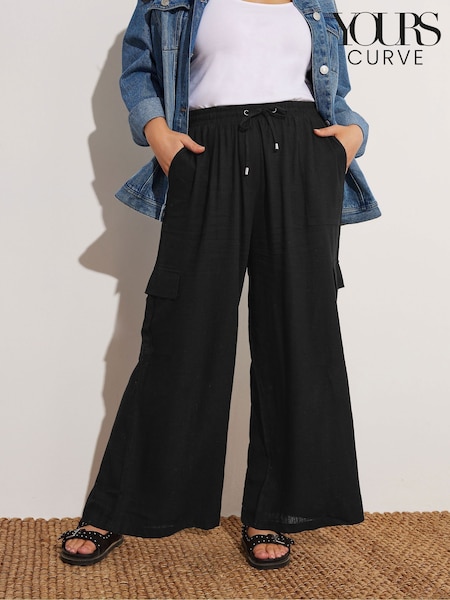 Yours Curve Black Linen Cargo Trousers (F33546) | £34