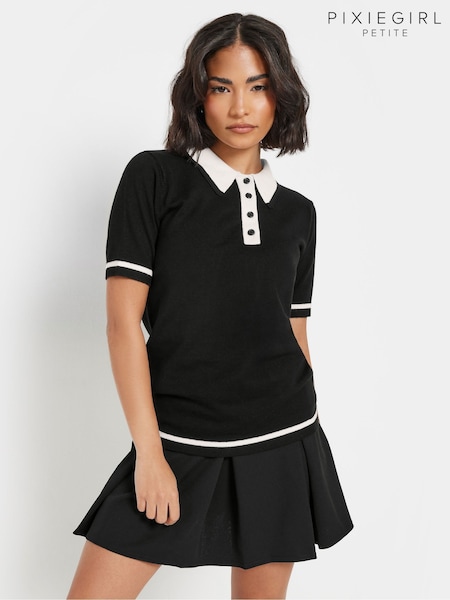 PixieGirl Petite Black Tipping Knitted Polo Shirt (F33553) | £29