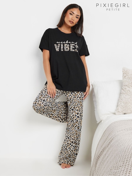 PixieGirl Petite Black Weekend Vibes Wide Leg Pyjamas Set (F33578) | £26