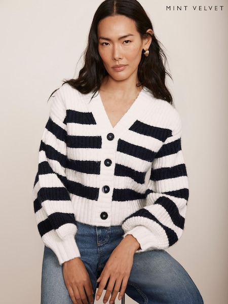 Mint Velvet White Stripe V-Neck Cardigan (F33983) | £99