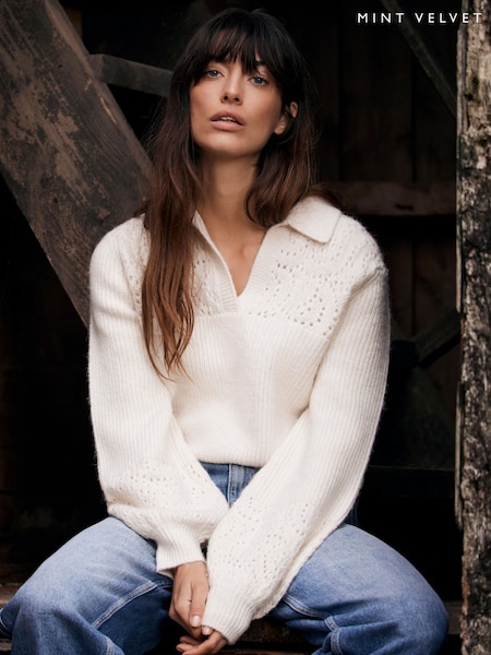 Mint Velvet White Pointelle Collar Jumper (F33997) | £99