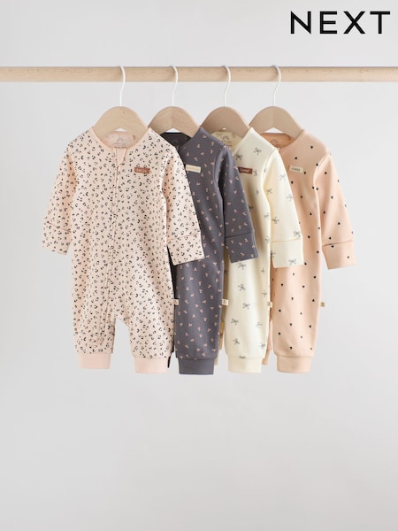 Monochrome Leopard And Cherry Print Two Way Zip Baby Sleepsuits 4 Pack (0mths-3yrs) (F34049) | £25 - £27