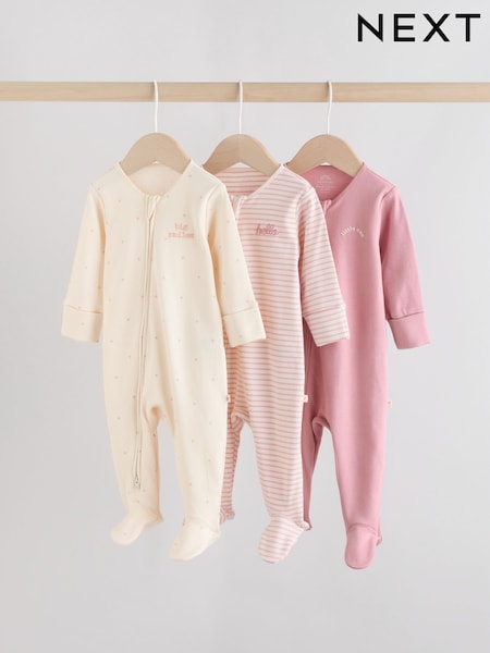 Pink Heart Two Way Zip Baby Sleepsuits 3 Pack (0-2yrs) (F34058) | £17 - £19